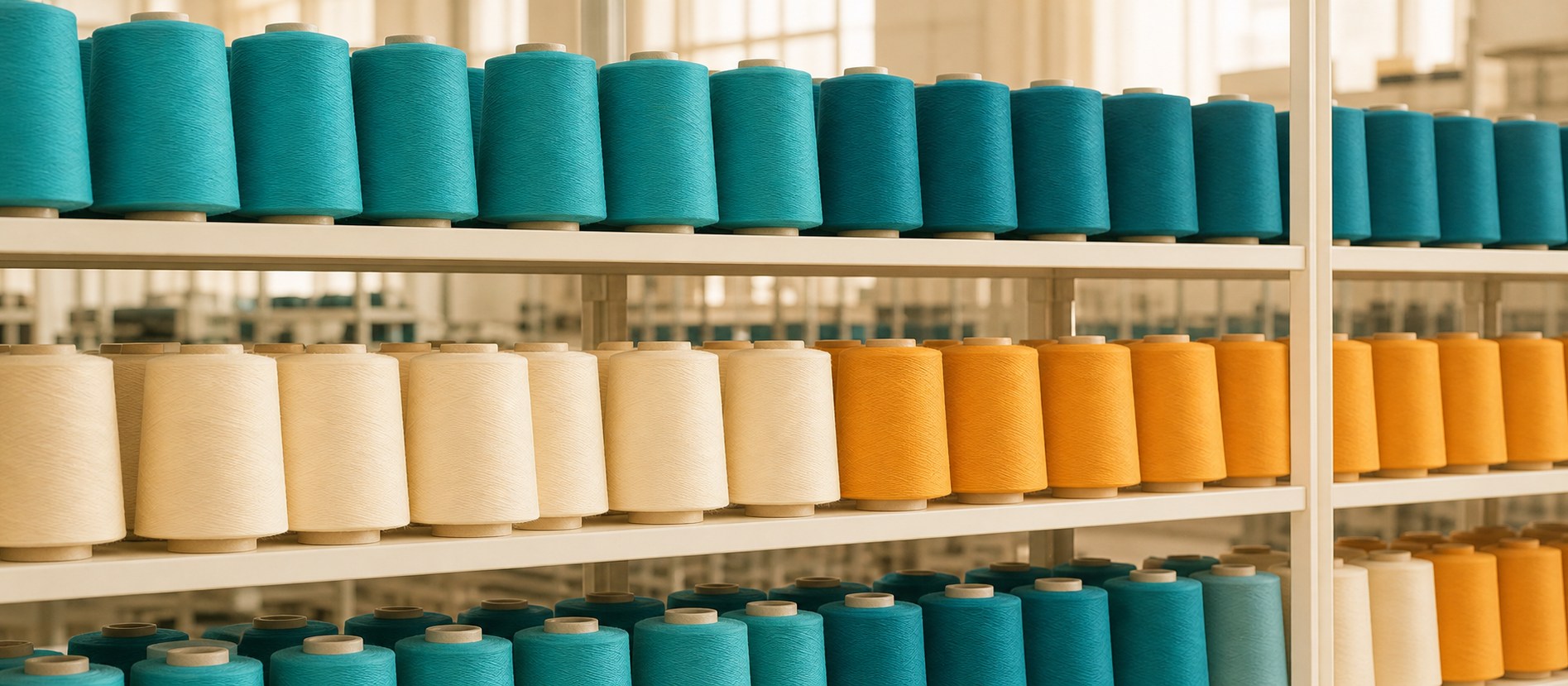 Yarn cones in turquoise, cream and amber on factory shelves