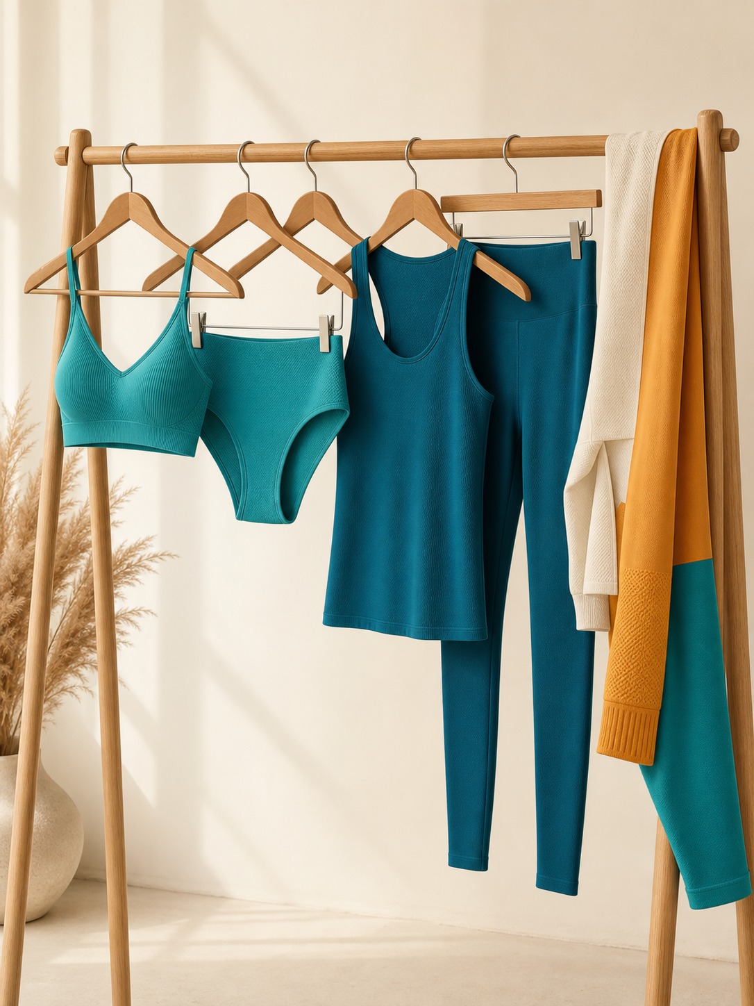 Seamless knitwear collection in turquoise and cream — underwear, bra and top on hangers