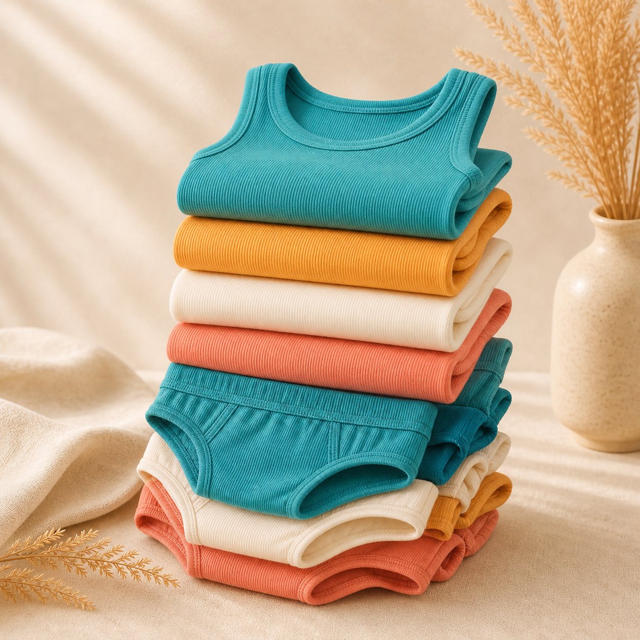 Colourful seamless kidswear basics folded in a stack