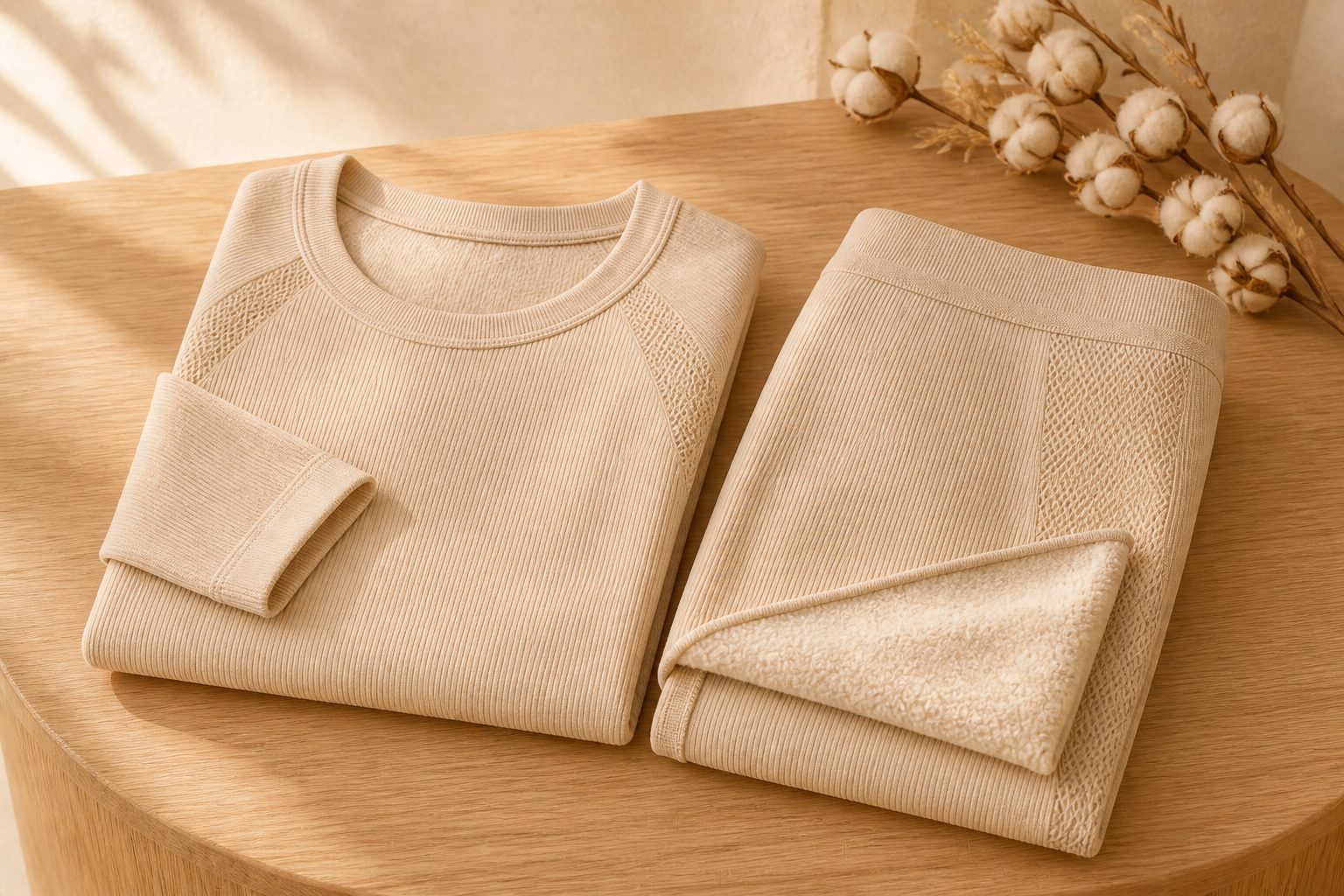 Seamless thermal base layer set folded on warm background