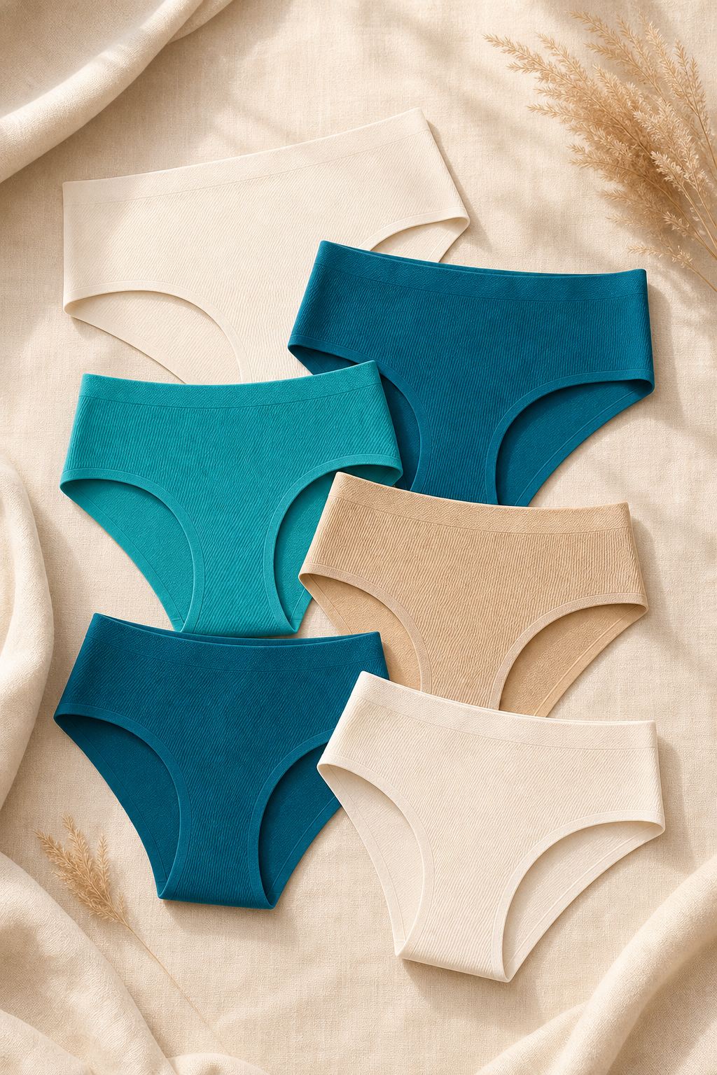 Seamless briefs and hipsters in soft colours, flat lay